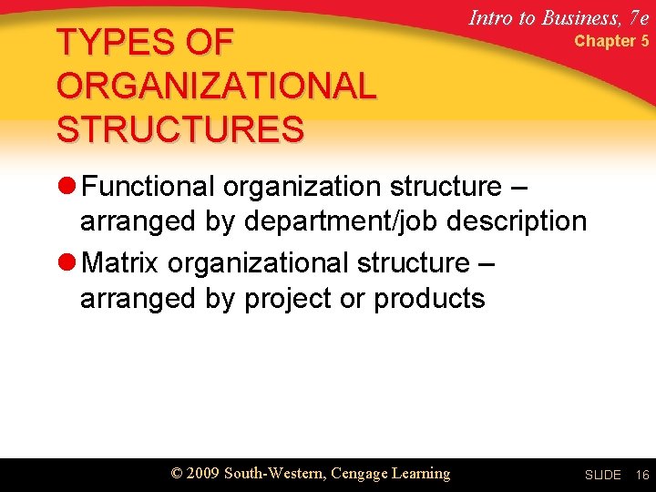 TYPES OF ORGANIZATIONAL STRUCTURES Intro to Business, 7 e Chapter 5 l Functional organization