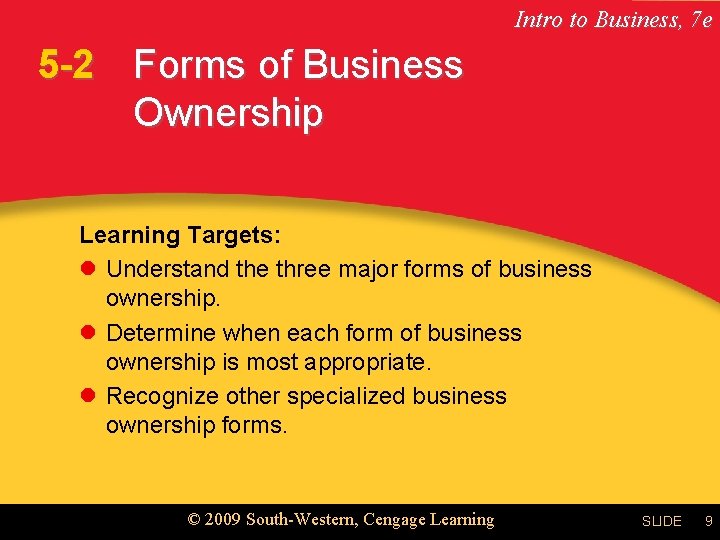 Intro to Business, 7 e 5 -2 Forms of Business Ownership Learning Targets: l