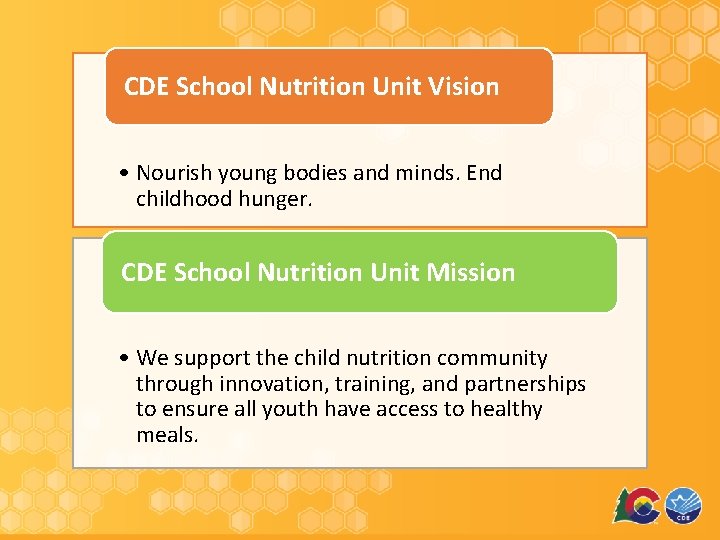 CDE School Nutrition Unit Vision • Nourish young bodies and minds. End childhood hunger.