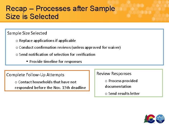 Recap – Processes after Sample Size is Selected Sample Size Selected o Replace applications