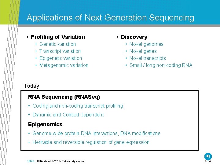 Applications of Next Generation Sequencing • Profiling of Variation • • • Discovery Genetic