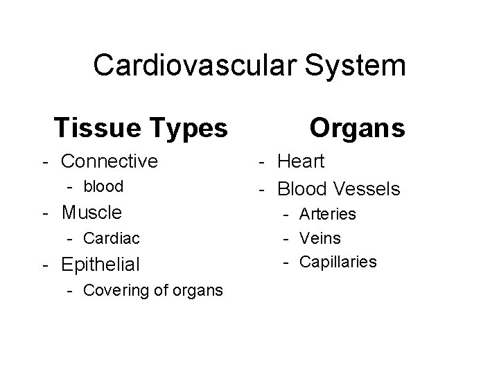 Cardiovascular System Tissue Types - Connective - blood - Muscle - Cardiac - Epithelial