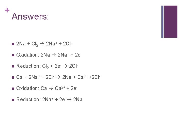 + Answers: n 2 Na + Cl 2 2 Na+ + 2 Cl- n