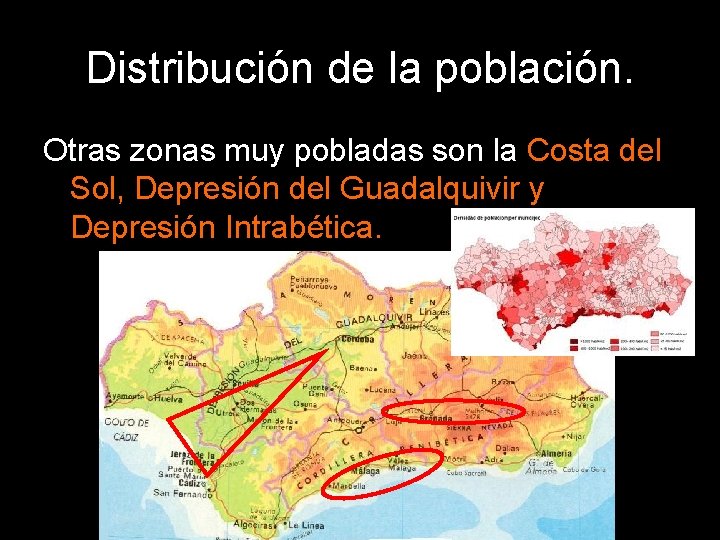 Distribución de la población. Otras zonas muy pobladas son la Costa del Sol, Depresión