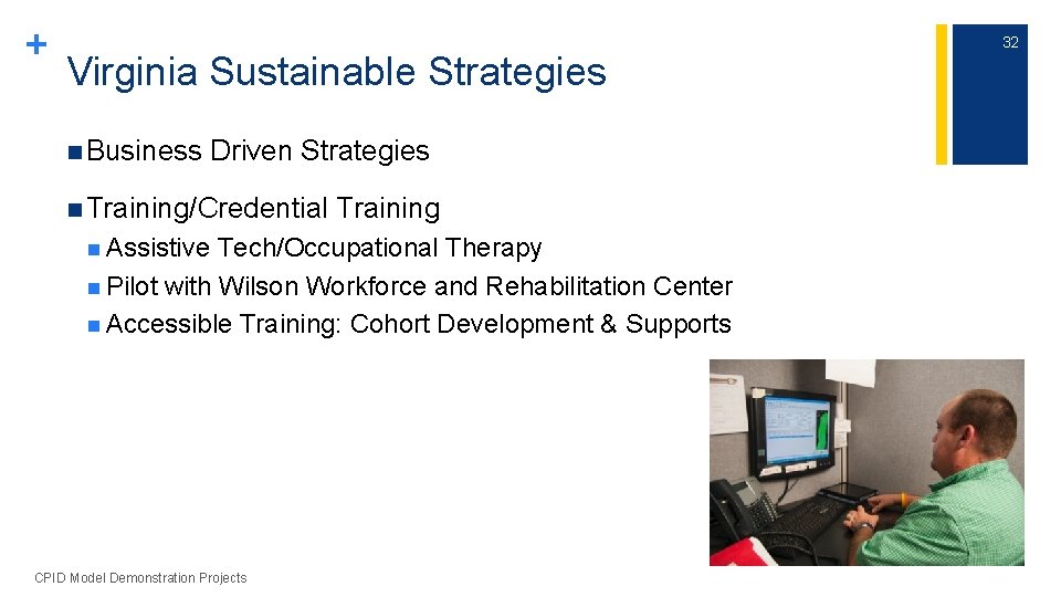 + Virginia Sustainable Strategies n Business Driven Strategies n Training/Credential n Assistive Training Tech/Occupational