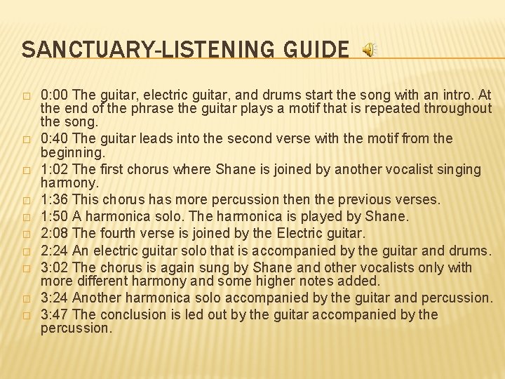 SANCTUARY-LISTENING GUIDE � � � � � 0: 00 The guitar, electric guitar, and