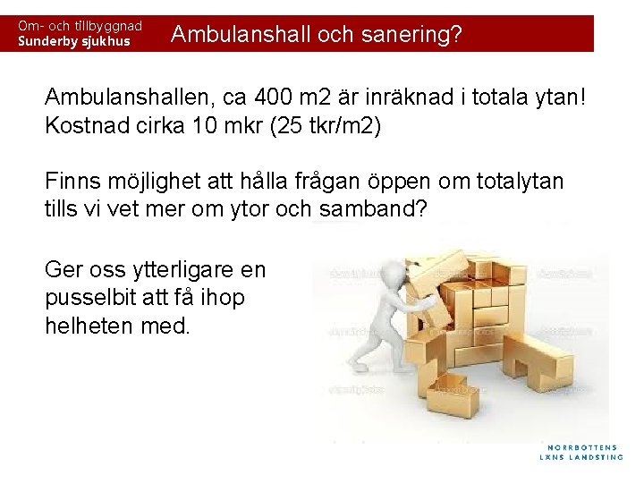 Om- och tillbyggnad Sunderby sjukhus Ambulanshall och sanering? Ambulanshallen, ca 400 m 2 är