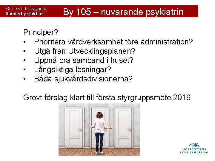 Om- och tillbyggnad Sunderby sjukhus By 105 – nuvarande psykiatrin Principer? • Prioritera vårdverksamhet