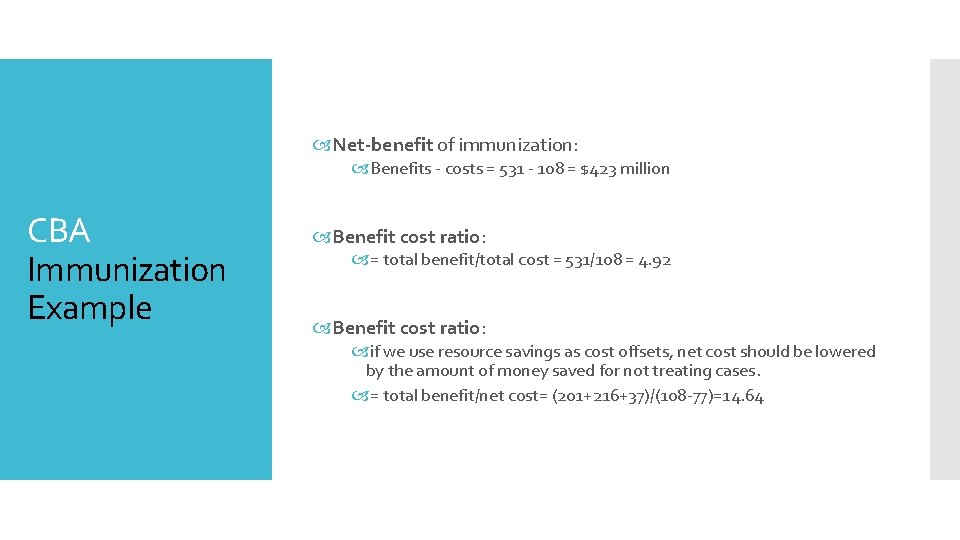  Net-benefit of immunization: Benefits - costs = 531 - 108 = $423 million