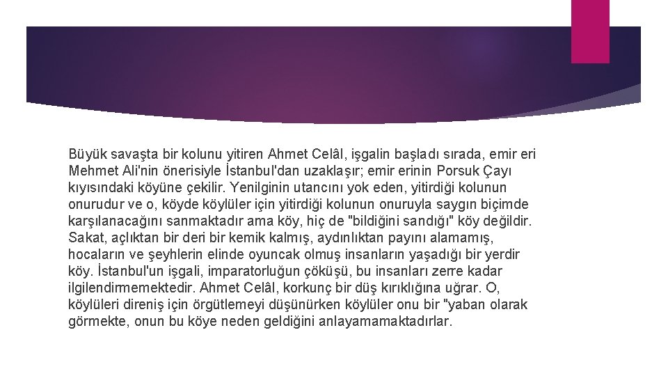 Büyük savaşta bir kolunu yitiren Ahmet Celâl, işgalin başladı sırada, emir eri Mehmet Ali'nin