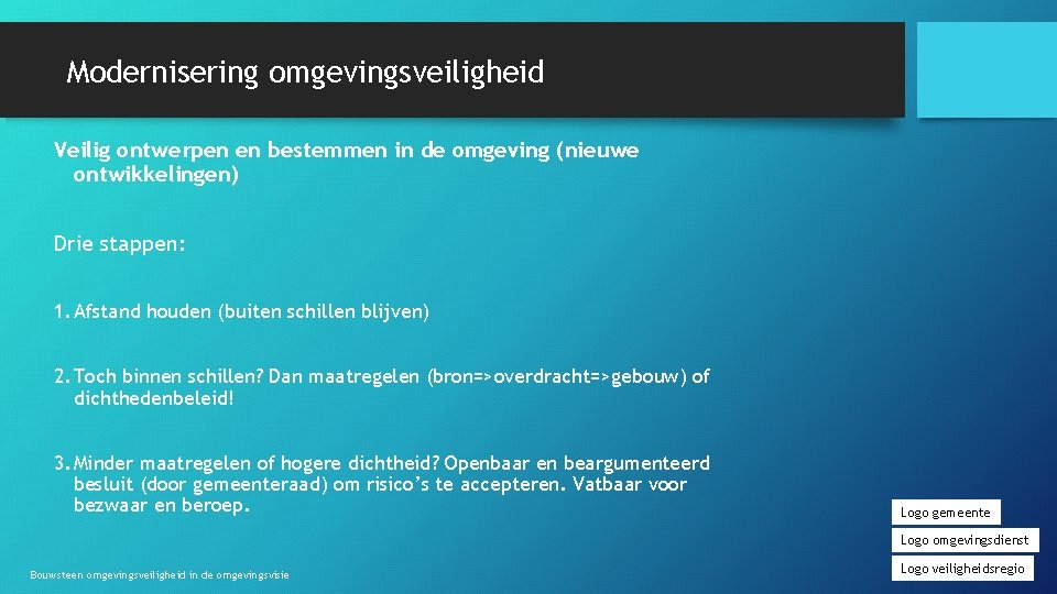 Modernisering omgevingsveiligheid Veilig ontwerpen en bestemmen in de omgeving (nieuwe ontwikkelingen) Drie stappen: 1.