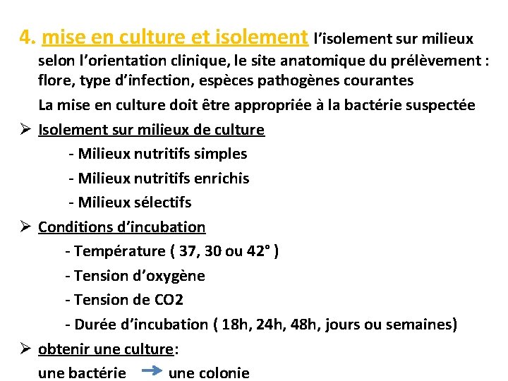 4. mise en culture et isolement l’isolement sur milieux selon l’orientation clinique, le site