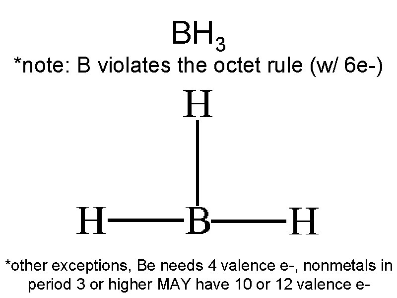 BH 3 *note: B violates the octet rule (w/ 6 e-) *other exceptions, Be