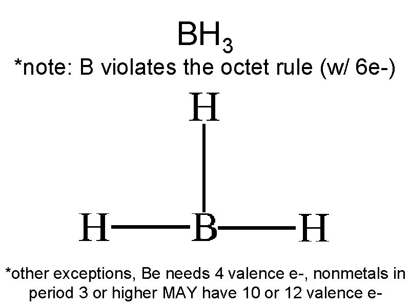 BH 3 *note: B violates the octet rule (w/ 6 e-) *other exceptions, Be