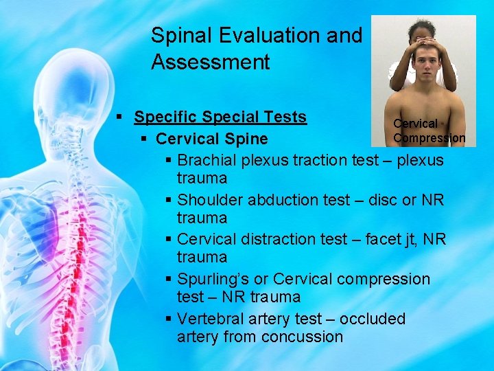 Spinal Evaluation and Assessment § Specific Special Tests Cervical Compression § Cervical Spine §