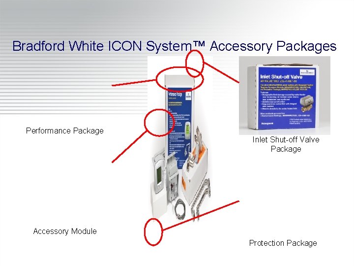 Bradford White ICON System™ Accessory Packages Performance Package Inlet Shut-off Valve Package Accessory Module
