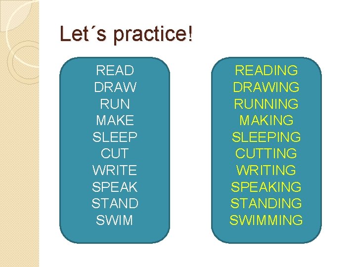 Let´s practice! READ DRAW RUN MAKE SLEEP CUT WRITE SPEAK STAND SWIM READING DRAWING