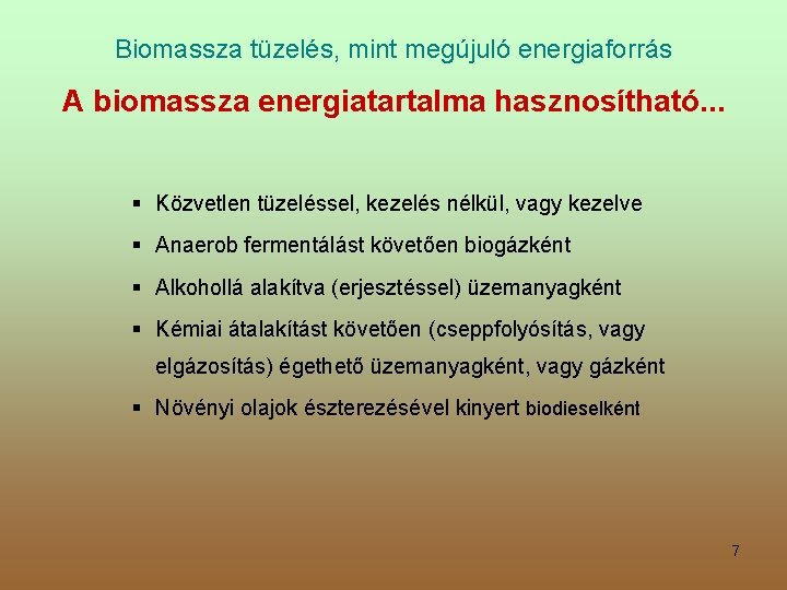 Biomassza tüzelés, mint megújuló energiaforrás A biomassza energiatartalma hasznosítható. . . § Közvetlen tüzeléssel,