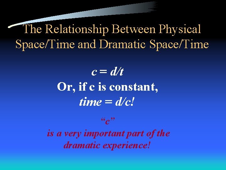 The Relationship Between Physical Space/Time and Dramatic Space/Time c = d/t Or, if c