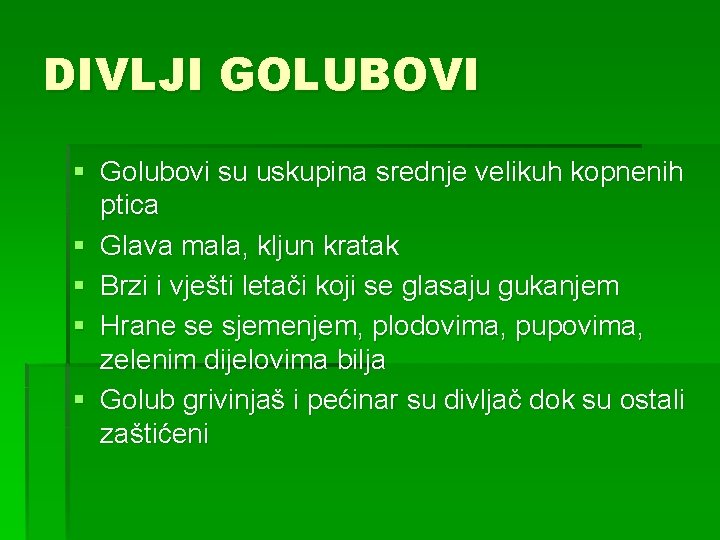 DIVLJI GOLUBOVI § Golubovi su uskupina srednje velikuh kopnenih ptica § Glava mala, kljun