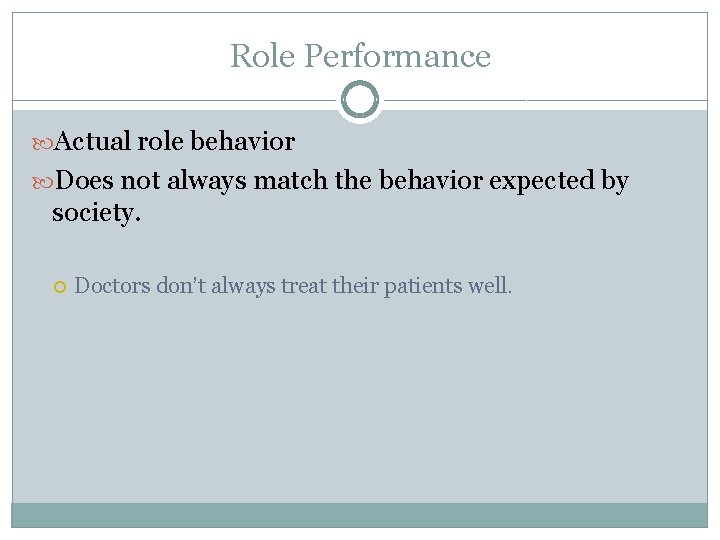 Role Performance Actual role behavior Does not always match the behavior expected by society.