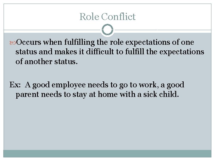Role Conflict Occurs when fulfilling the role expectations of one status and makes it