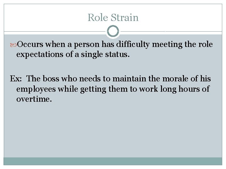 Role Strain Occurs when a person has difficulty meeting the role expectations of a