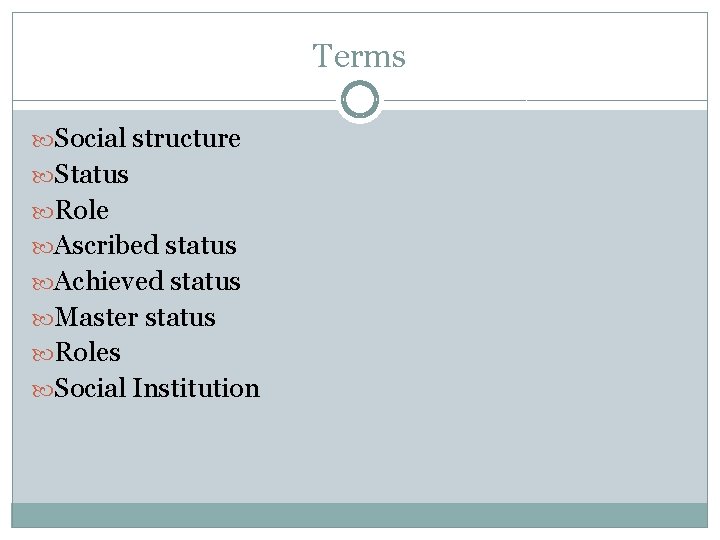 Terms Social structure Status Role Ascribed status Achieved status Master status Roles Social Institution