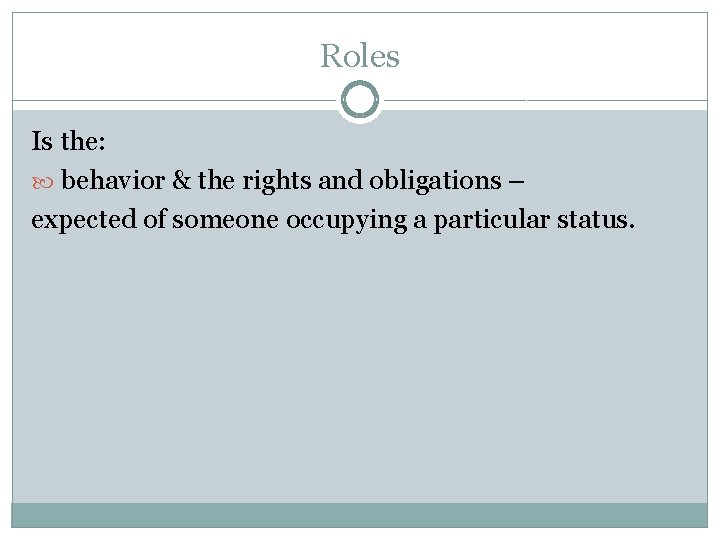 Roles Is the: behavior & the rights and obligations – expected of someone occupying