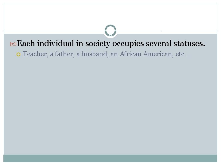 Each individual in society occupies several statuses. Teacher, a father, a husband, an