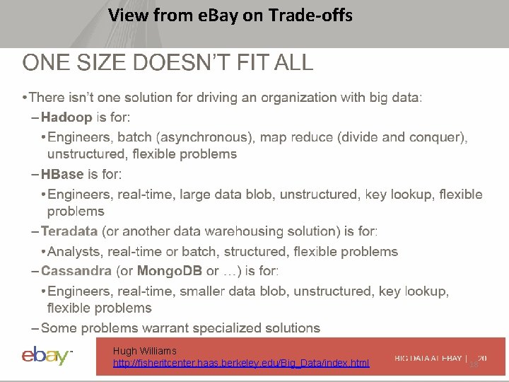 View from e. Bay on Trade-offs Hugh Williams http: //fisheritcenter. haas. berkeley. edu/Big_Data/index. html