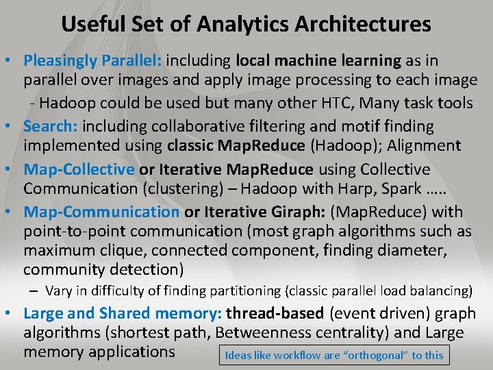 Useful Set of Analytics Architectures • Pleasingly Parallel: including local machine learning as in