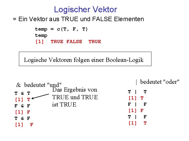 Logischer Vektor = Ein Vektor aus TRUE und FALSE Elementen temp = c(T, F,