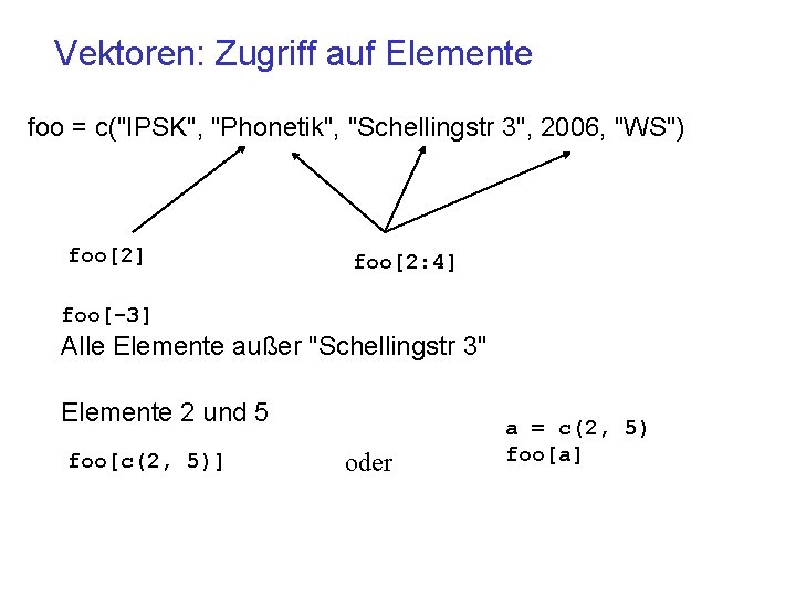 Vektoren: Zugriff auf Elemente foo = c("IPSK", "Phonetik", "Schellingstr 3", 2006, "WS") foo[2] foo[2: