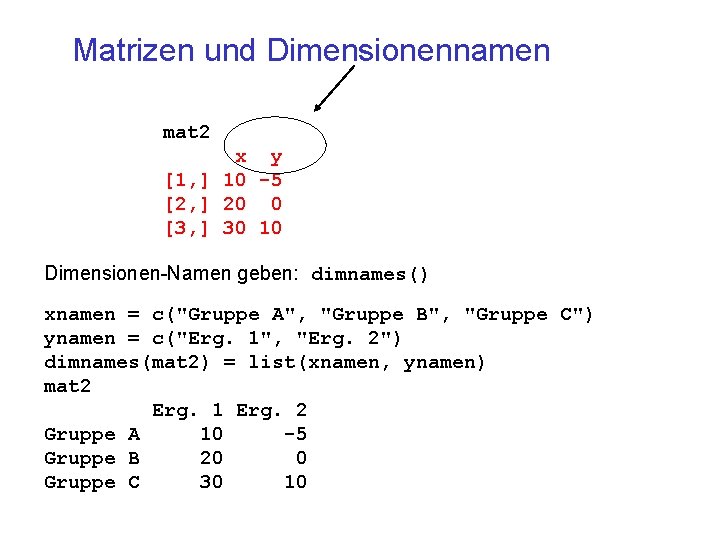 Matrizen und Dimensionennamen mat 2 x y [1, ] 10 -5 [2, ] 20