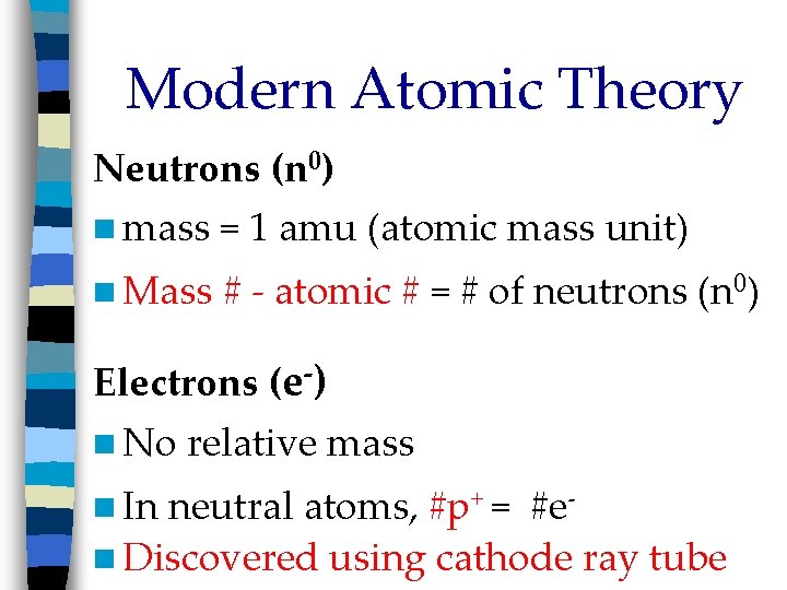 Modern Atomic Theory Neutrons (n 0) n mass = 1 amu (atomic mass unit)