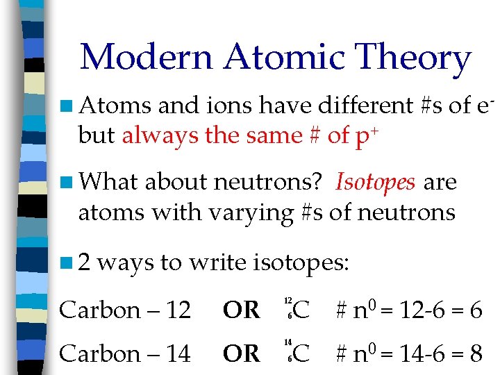 Modern Atomic Theory n Atoms and ions have different #s of ebut always the