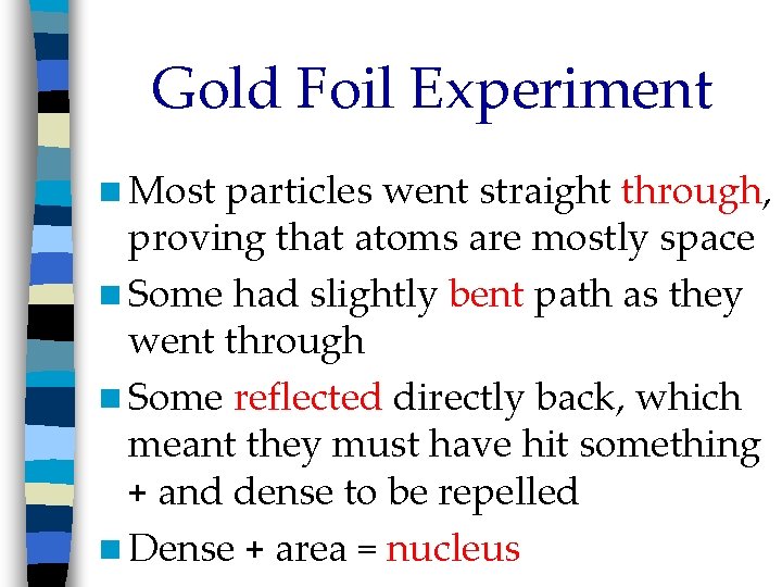 Gold Foil Experiment n Most particles went straight through, proving that atoms are mostly