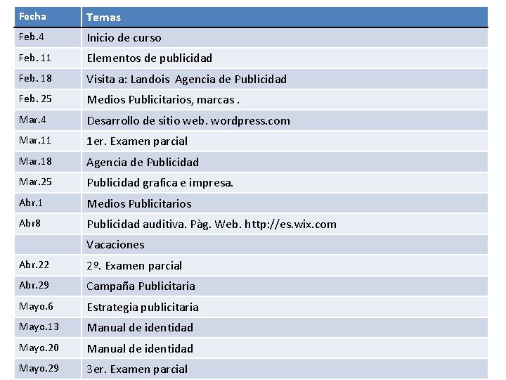 Fecha Temas Feb. 4 Inicio de curso Feb. 11 Elementos de publicidad Feb. 18