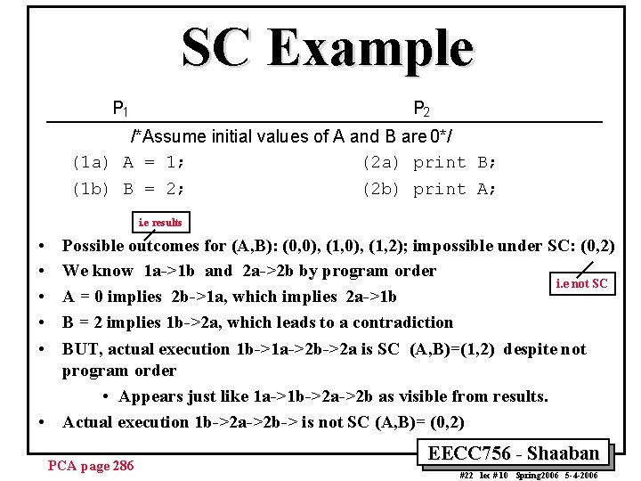 SC Example P 1 P 2 /*Assume initial values of A and B are