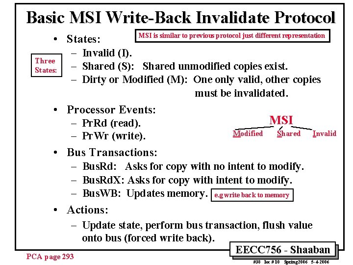 Basic MSI Write-Back Invalidate Protocol • States: Three States: MSI is similar to previous