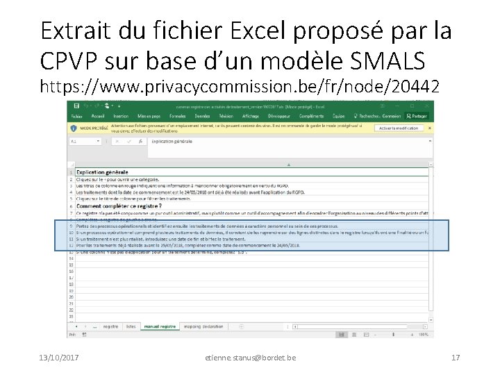 Extrait du fichier Excel proposé par la CPVP sur base d’un modèle SMALS https: