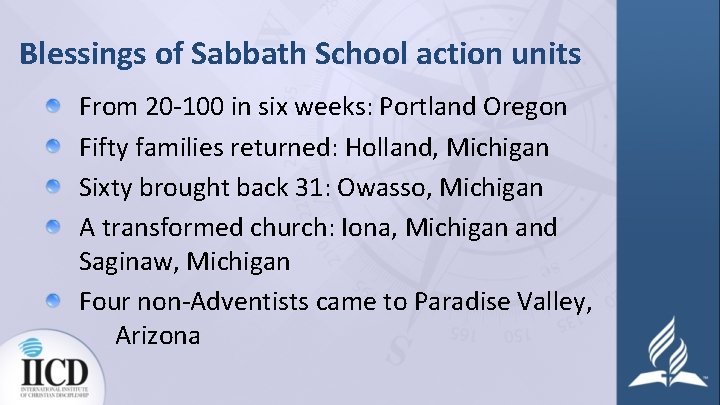 Blessings of Sabbath School action units From 20 -100 in six weeks: Portland Oregon