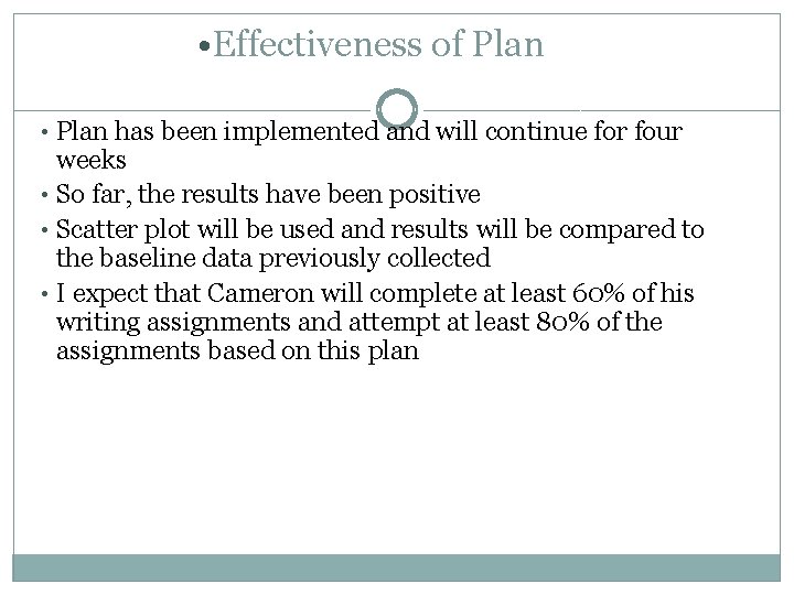  • Effectiveness of Plan • Plan has been implemented and will continue for