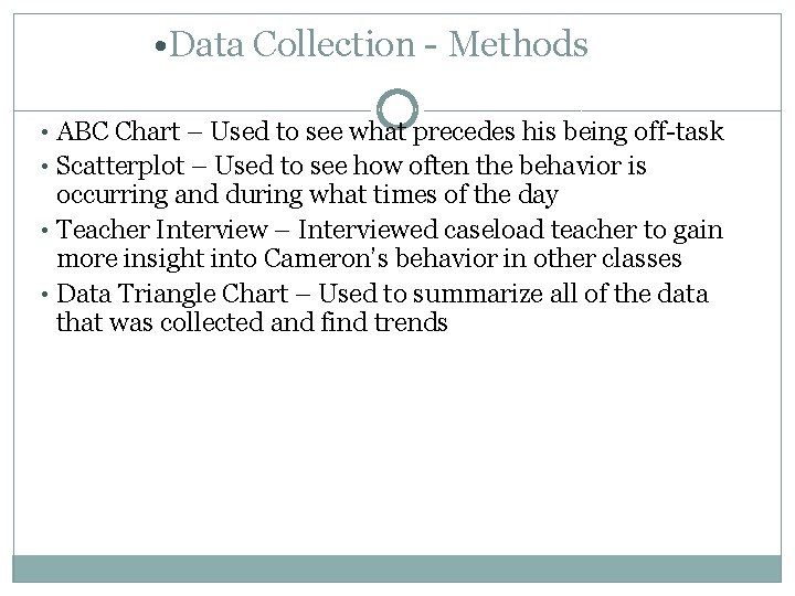  • Data Collection - Methods • ABC Chart – Used to see what