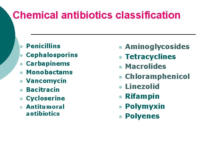 Chemical antibiotics classification l l l l Penicillins Cephalosporins Carbapinems Monobactams Vancomycin Bacitracin Cycloserine