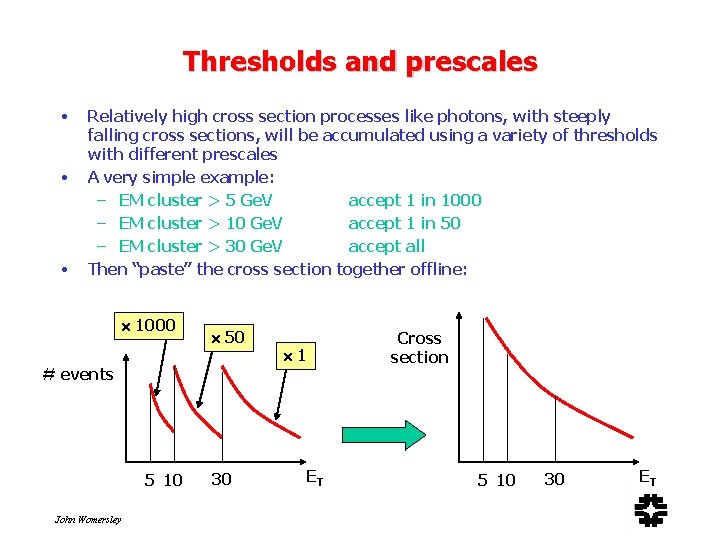 Thresholds and prescales • • • Relatively high cross section processes like photons, with