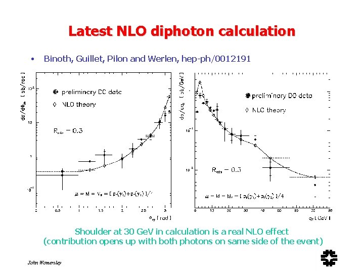 Latest NLO diphoton calculation • Binoth, Guillet, Pilon and Werlen, hep-ph/0012191 Shoulder at 30