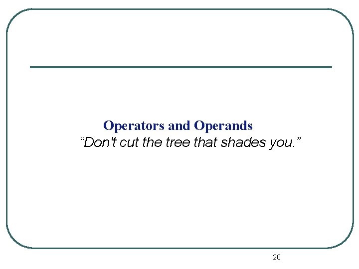 Operators and Operands “Don't cut the tree that shades you. ” 20 