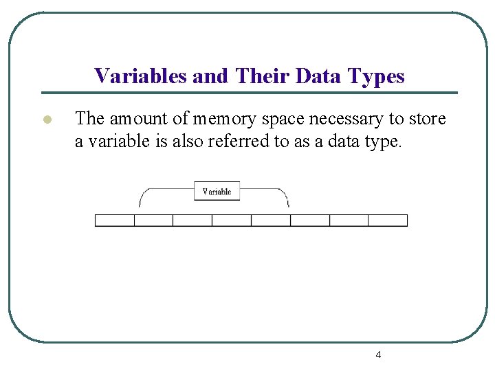 Variables and Their Data Types l The amount of memory space necessary to store